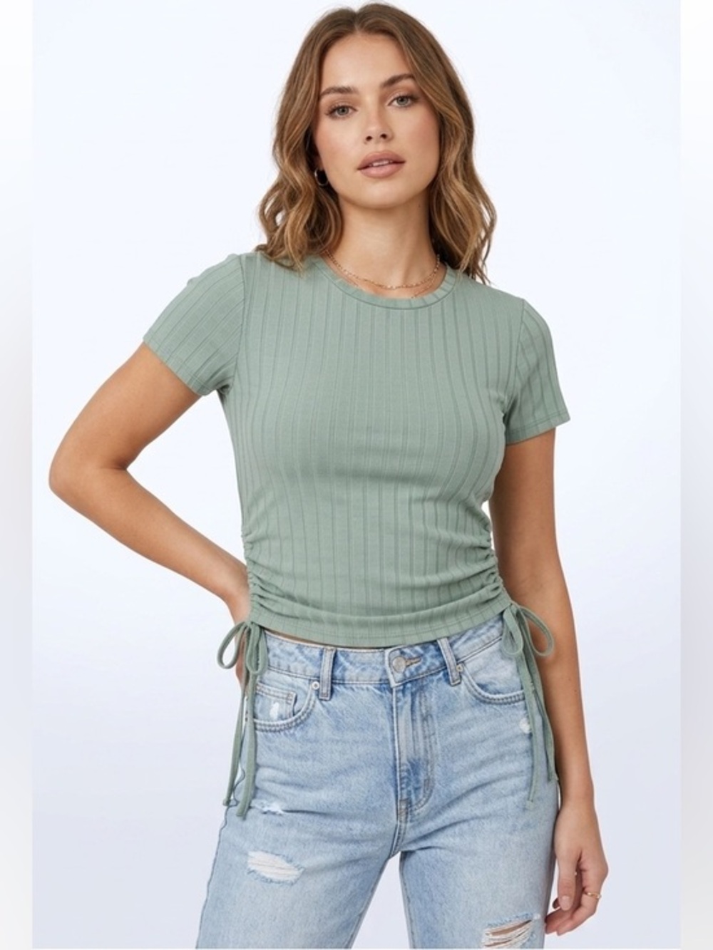 AntiStar Sage Green Ribbed Short Sleeve Top